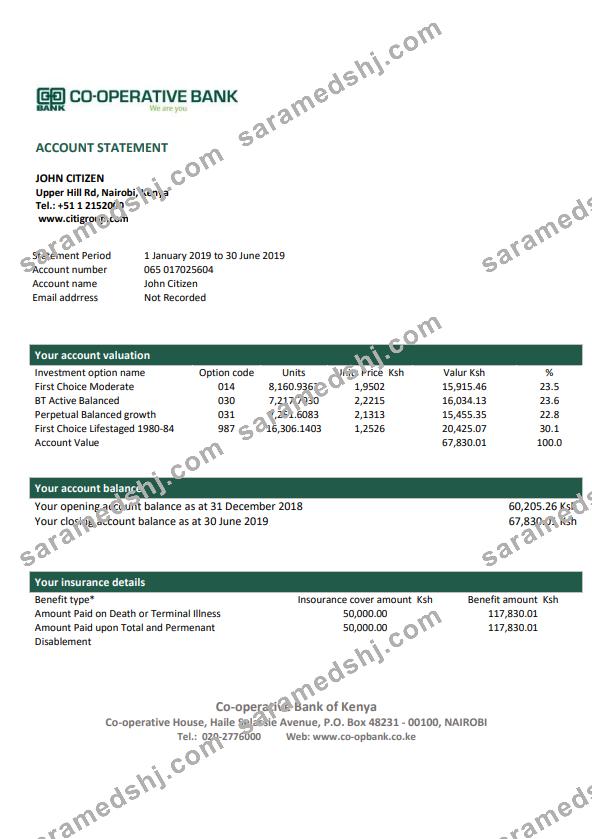 Kenya Co-Operative Bank proof of address statement template in Word and PDF format, .doc and .pdf format